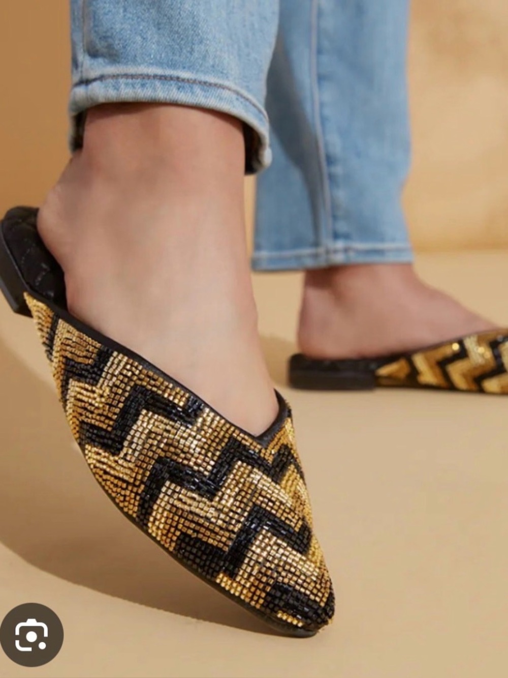 Gold & Black Beaded Pointed Mule
